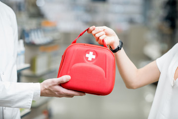 First aid kit in the pharmacy