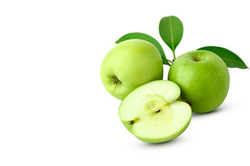 Whole green apple and half with leaf isolated on white background as package design element. this has clipping path.