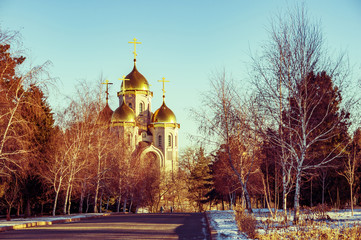 Landscape with golden domes of the church Orthodox church.