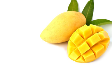 Mango fruit with leaf isolated white background