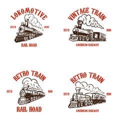 Obraz premium Set of emblem templates with hand drawn retro trains. Design elements for poster, card, t shirt, logo, label, badge.