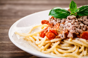 Pasta with meat, tomato sauce and vegetables