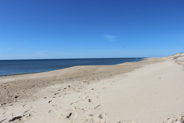 Fototapeta na wymiar Footprints left in sand at isolated sandy coastal ocean beach 