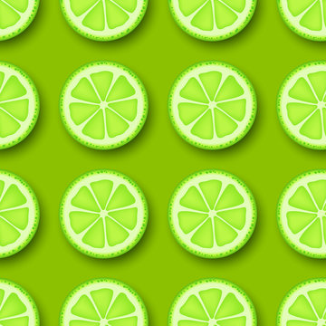 Lime fruit seamless pattern. Sliced pieces citrus, green color background. Vector illustration.