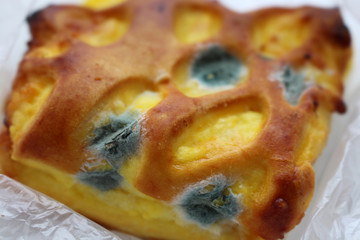Moldy dessert bakery food. Unhealthy food with mold. Growing green mold spots