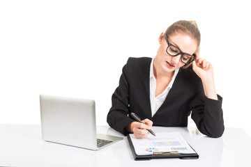 Business woman manager working on notebook computer and business document isolated on white background