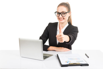 Business woman manager working on notebook computer and business document isolated on white background