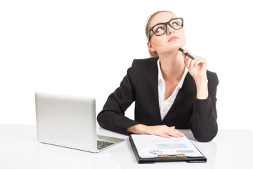 Business woman thinking and working on notebook computer and business document isolated on white background