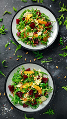 Fresh Beet, Orange salad with wild rocket, cheese and Pine nuts. healthy summer food