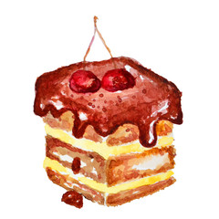 Slice of watercolor chocolate cakes with cherries isolated on a white background. Watercolor illustration.