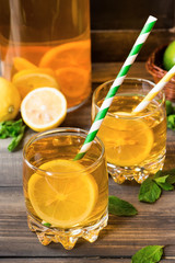 Refreshing cold tea with lemon