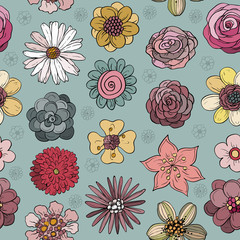 Seamless pattern with Hand drawing flowers and plants in sketch style