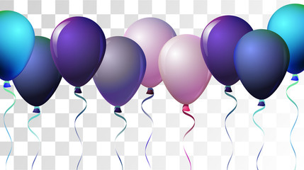 Bright Realistic Helium Vector Balloons Flying. Happy Birthday, New Year Party Ornament. Neon Modern Holidays Decoration, Air Helium Balloons. Celebration, Music Poster Discount Card Cool Design. © graficanto