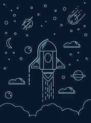 Linear Startup project vector illustration.Rocket lunch and smoke. Sky with clouds, planets, stars