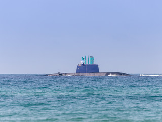 A combat  submarine is participating in a maritime parade off the coast of Haifa in honor of the...