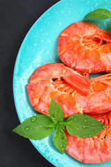 Large royal raw frozen prawns on a blue plate with thyme and basil on a concrete table. Red shrimps. Top view.