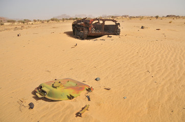 Libyan army quipment  destroyed during  military conflict with Chad in Fada district - obrazy, fototapety, plakaty