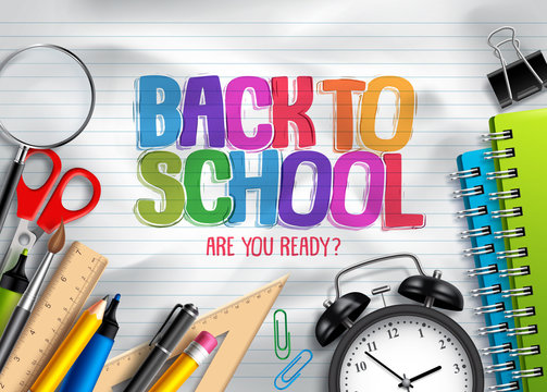 Back to school vector background design with school objects, colorful education items and space for text or message in white paper texture. Vector illustration template.
