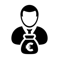 Euro Sign Icon Vector Person Male Avatar Symbol With Money Bag for Business Finance and Bank Savings Account in Glyph Pictogram illustration