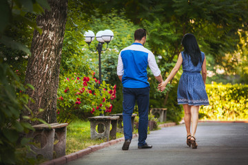 couple of enamored are walking in the park in the summer