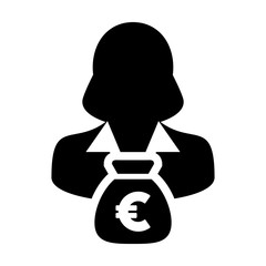 Euro Sign Icon Vector Person Female Avatar Symbol With Money Bag for Business Finance and Bank Savings Account in Glyph Pictogram illustration