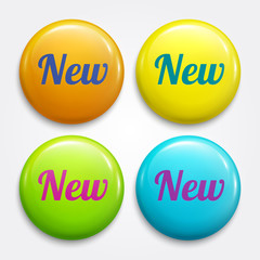 New glossy advertising badges, buttons. Circle labels for new products in shops. Vector.