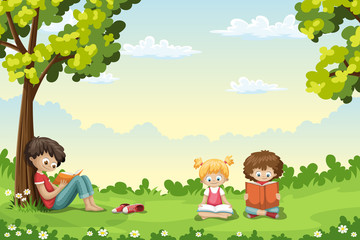 Fototapeta na wymiar Kids are sitting on a meadow and reading books