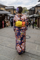 Fototapeta na wymiar Geisha in an alley in the historic center of Kyoto, Japan