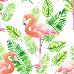 Tropical seamless pattern made of painted with watercolor flamingo, pineapple and leaves.
