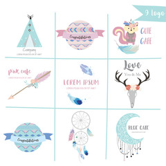 Cute pastel logo with tent,arrow,wild,feather,wreath,moon and squirrel in boho style