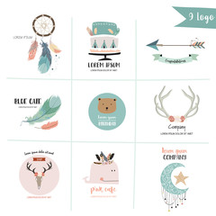 Naklejka premium Cute pastel logo with bear,arrow,wild,feather,wreath,star,cake and moon in boho style