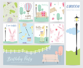 Green pink pastel greeting card with rabbit,bench,street lamp,fence,tree,sky and balloon in the park
