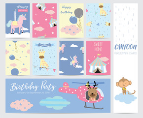 Blue pink pastel greeting card with reindeer,helicopter,cloud,unicorn,giraffe,monkey,rain and star