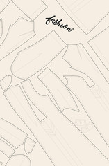 Fashion background. Stylized sewing pattern on beige background. Illustrations on the theme of sewing.