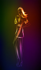 Hand-drawn fashion model from a neon. A light girl's. Fashion illustration.
