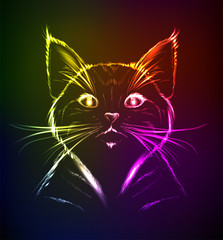 A cute kitten in a neon light. Vector illustration.