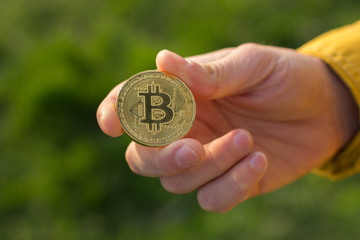 Bitcoin in hand on the green background