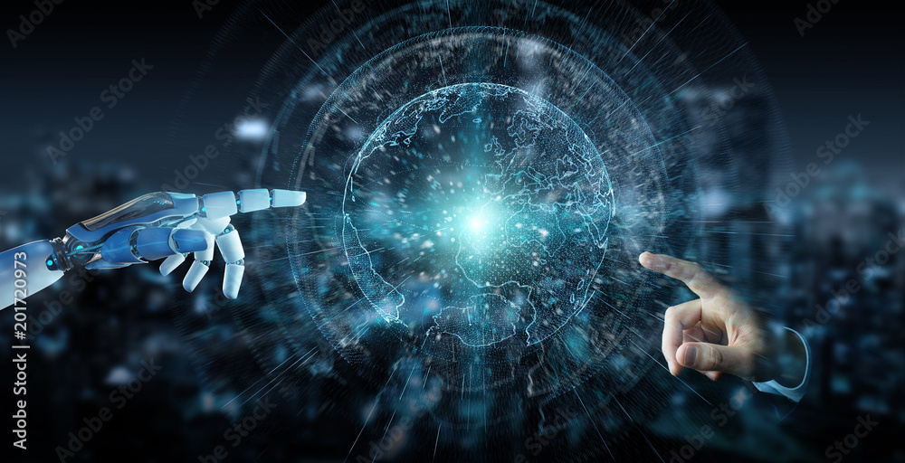 Wall mural white cyborg hand using planet earth interface 3d rendering