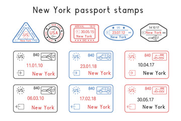 Passport stamps. New York, USA. Arrival and departure by car, train, plane. Set of colored stamps
