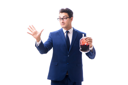 Businessman With Blood Bag Isolated On White