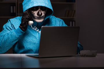 Scary hacker hacking security firewall late in office