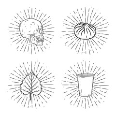 Set of vector illustrations - skull, dumpling, birch leaf and coffee cup with divergent rays. Used for poster, banner, web, t-shirt print, bag print, badges, pilot, logo design and more.