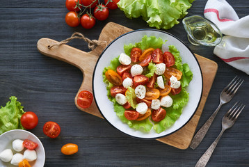 Vegetable salad with tomatoes and mozzarella on a plate