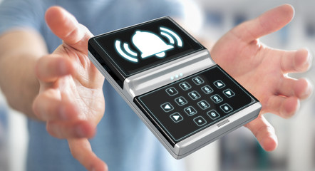 Businessman using home alarm security device 3D rendering