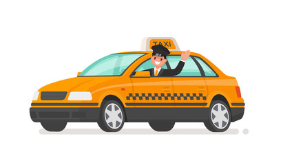 Driver is driving a taxi car. Yellow cab. Vector illustration © tynyuk