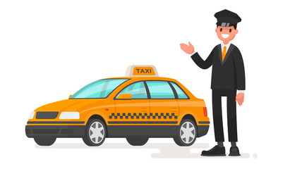 Taxi driver man with a car. Cab. Vector illustration