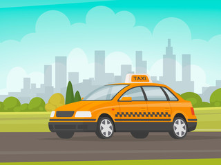 Fototapeta na wymiar Taxi rides on the city background. Cab. Vector illustration