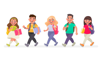 Obraz premium Pupils go to primary school. Vector illustration