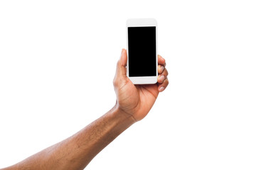 Hand holding mobile smartphone with blank screen
