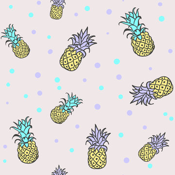 Pineapples with green and lilac leaves. Seamless pattern. Tropical vector print.